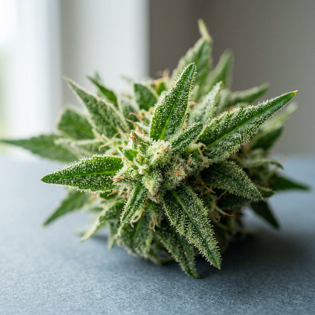 Close-up of a cannabis flower covered in glittering trichomes